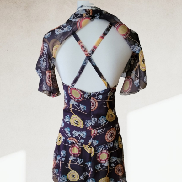 CHANEL @ PARIS |2001 Spring Runway Chinoiserie Silk Chiffon CC Logo Print Dress - Picture 11 of 16